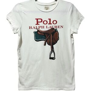 Ralph Lauren Polo Saddle Graphic White Jersey Tee Shirt Equestrian Horse XS Rare